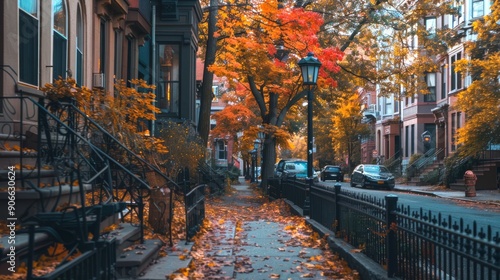 Scenic Urban Street Lined with Trees in Autumn. Concept of fall foliage, serene walkway, city environment, seasonal change
