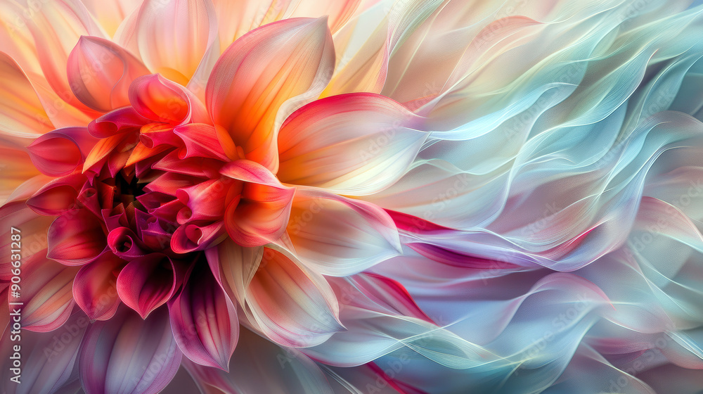 Obraz premium A colorful flower with a blue background. The image has a vibrant and lively mood, with the colors of the flower and background complementing each other