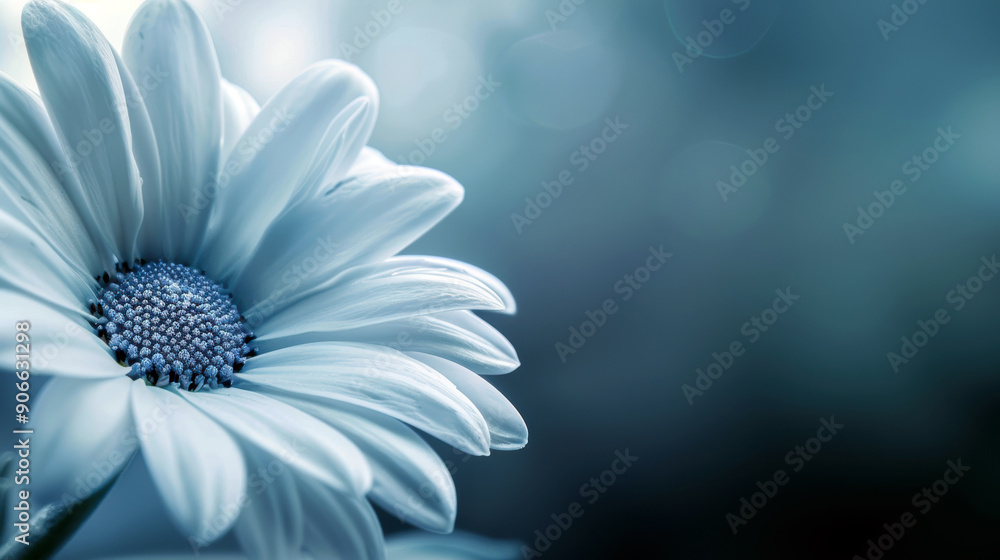 Fototapeta premium A white flower with a blue center. The flower is the main focus of the image. The blue color of the flower contrasts with the blue background, creating a sense of harmony and balance
