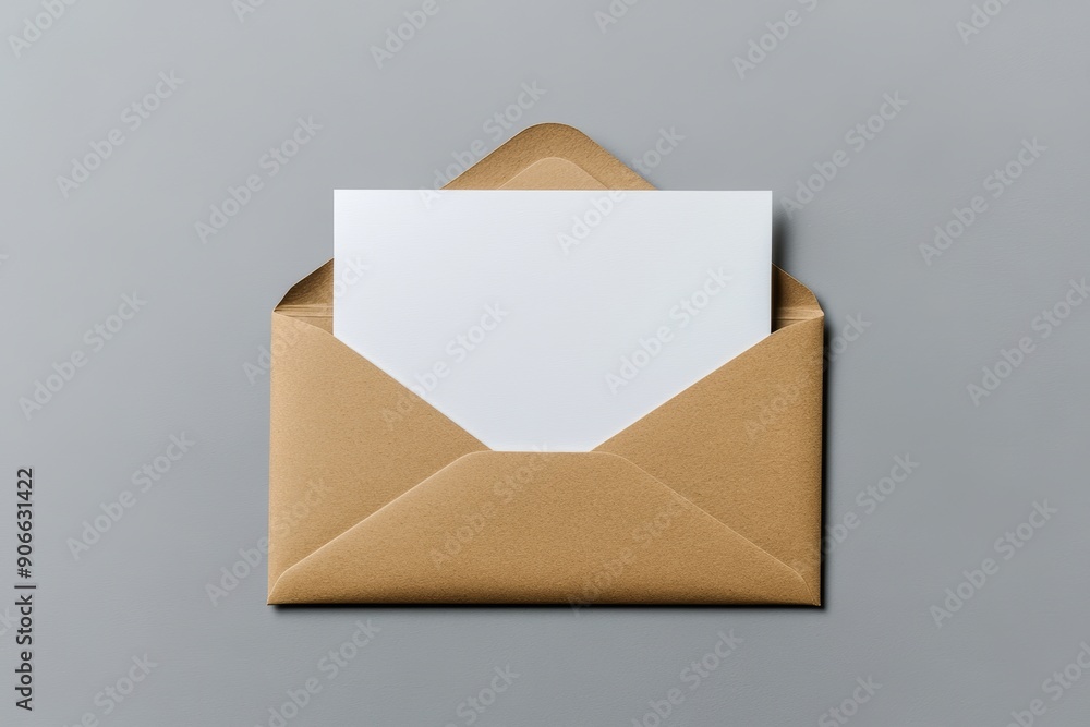 A mockup of a blank white card with a kraft brown paper envelope A mockup of a blank white card with a kraft brown paper envelope
