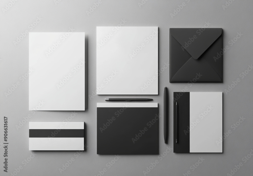 Mockup of corporate identity stationery isolated on a light gray background. A 3D illustration of the design. Mockup of corporate identity stationery isolated on a light gray background. A 3D illustration of the design.
