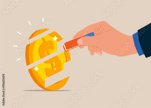 Businessman removed dollar coin with eraser. Finance risk problem and Global economic money problem, Bankruptcy unpaid loan debt, investment failure. Flat vector illustration