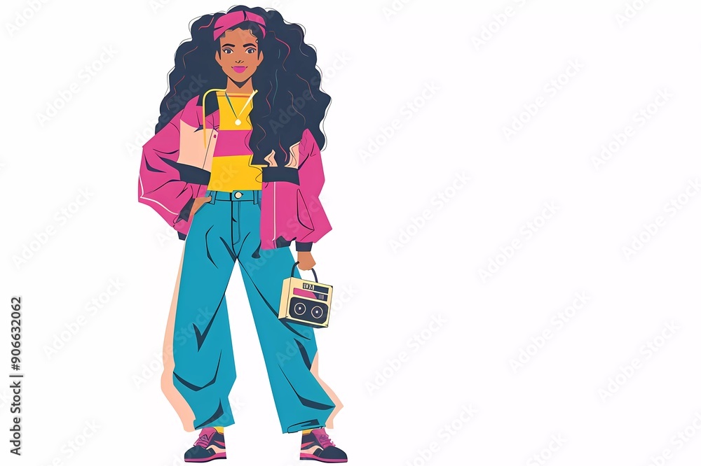 Stylish woman in y2k outfits. Retro style 80s, 90s. Cartoon bright full-length illustration Stylish woman in y2k outfits. Retro style 80s, 90s. Cartoon bright full-length illustration