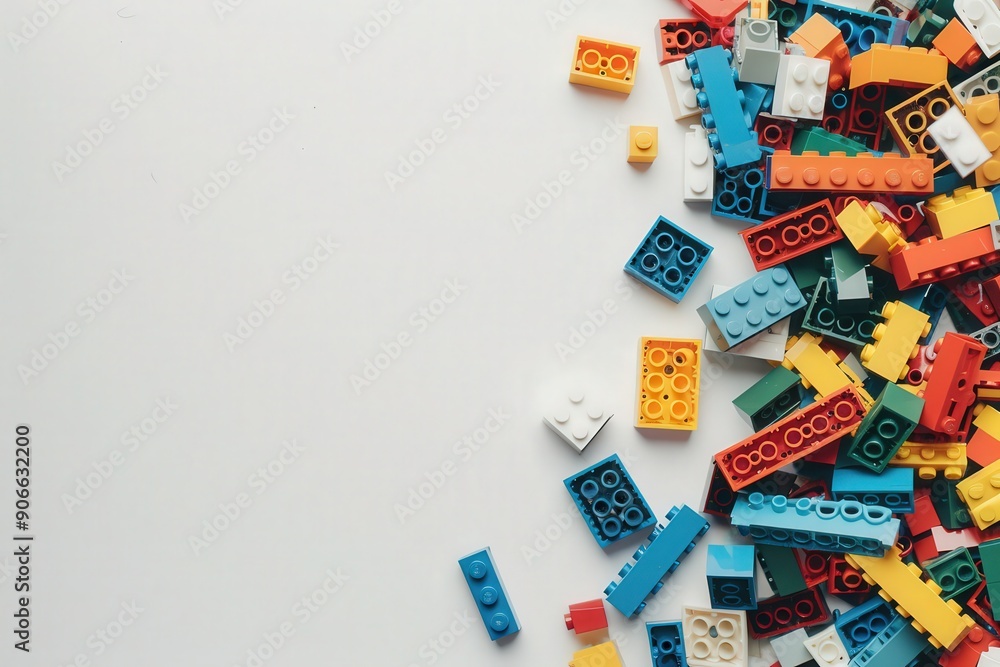 A vibrant assortment of building blocks in various colors scattered on a sleek white background, inviting creativity and play. A vibrant assortment of building blocks in various colors scattered on a sleek white background, inviting creativity and play.