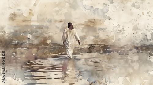 Jesus walks on the water. Miracle of Christ. Digital watercolour painting. Easter