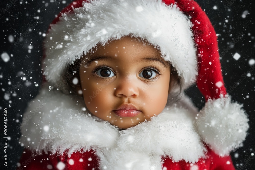 The image depicts a child with big eyes wearing a santa hat, with a snowy effect The image depicts a child with big eyes wearing a santa hat, with a snowy effect