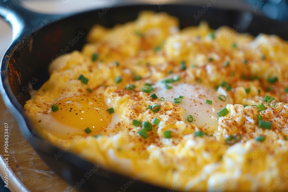 Warm scrambled eggs nestled in a cast-iron skillet, sprinkled with herbs and spices, perfect for a cheerful breakfast. Warm scrambled eggs nestled in a cast-iron skillet, sprinkled with herbs and spices, perfect for a cheerful breakfast.