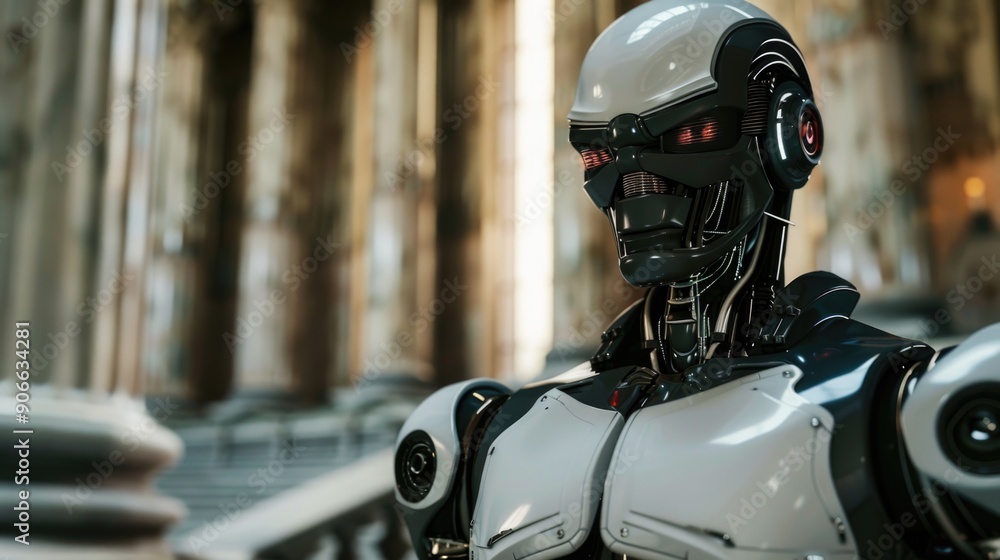 A close-up shot of a robot standing in a modern building, possibly on a mission or carrying out maintenance A close-up shot of a robot standing in a modern building, possibly on a mission or carrying out maintenance