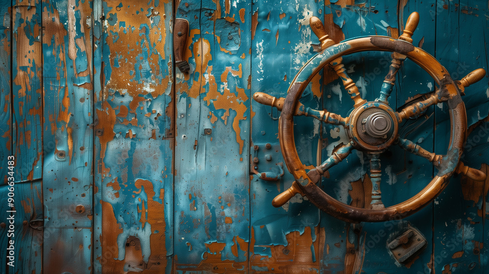 Nautical wooden ship steering wheel on old planks Nautical wooden ship steering wheel on old planks
