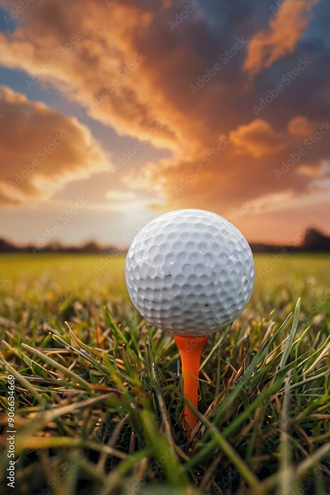 A white golf ball is on the grass. In the evening, orange-colored clouds are seen. A white golf ball is on the grass. In the evening, orange-colored clouds are seen.