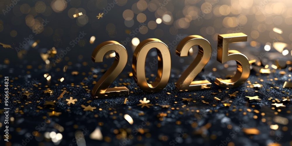 Gold metal numbers 2025 on a black festive background. Banner for the celebration of the new year 2025 Gold metal numbers 2025 on a black festive background. Banner for the celebration of the new year 2025