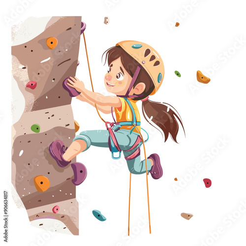 Young girl rock climbing indoors, wearing helmet, harness, focused expression. Child engaging adventure sport activity, cartoon style, colorful holds