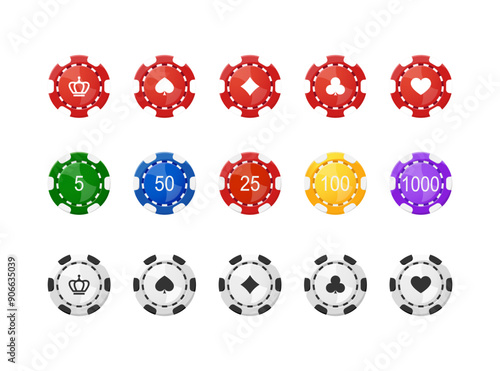 Casino poker chips game icons, gambling coins, tokens with card signs, poker chips.