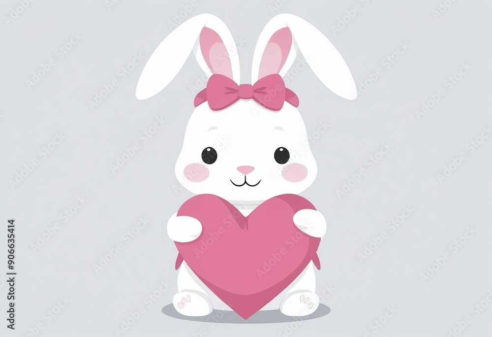 Obraz premium Adorable White Rabbit Maid Hugging Heart Pillow Cartoon Illustration