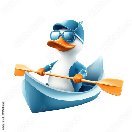 A duck wearing sunglasses and a hat is paddling a boat photo