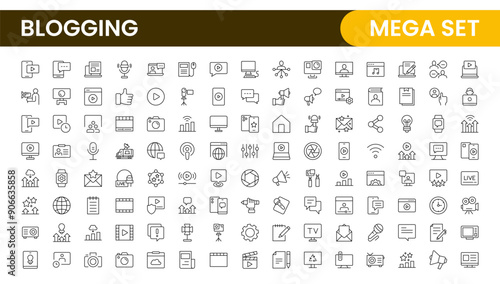 Blogging banner with icons. Post, social media, community, content, website, sharing, create, opinion. Business concept. Web vector infographic in outline icon style.