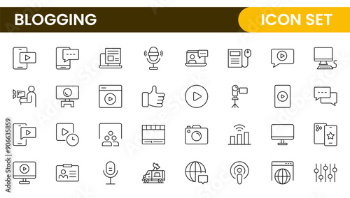 Blogging banner with icons. Post, social media, community, content, website, sharing, create, opinion. Business concept. Web vector infographic in outline icon style.
