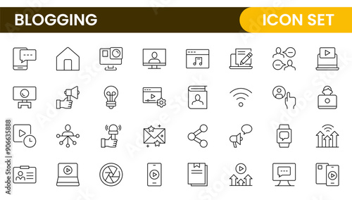 Blogging banner with icons. Post, social media, community, content, website, sharing, create, opinion. Business concept. Web vector infographic in outline icon style.