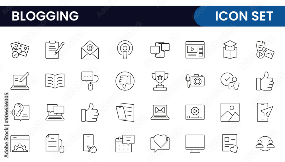 Blogging banner with icons. Post, social media, community, content, website, sharing, create, opinion. Business concept. Web vector infographic in outline icon style. Blogging banner with icons. Post, social media, community, content, website, sharing, create, opinion. Business concept. Web vector infographic in outline icon style.