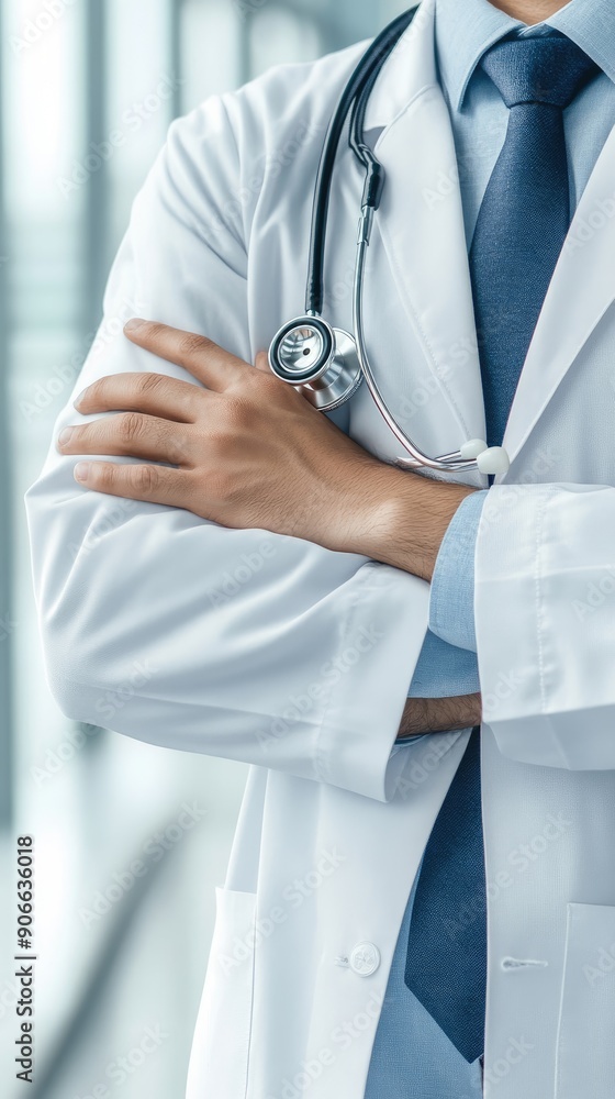 A healthcare professional is adjusting their stethoscope while dressed in a white coat in a well-lit clinic environment A healthcare professional is adjusting their stethoscope while dressed in a white coat in a well-lit clinic environment