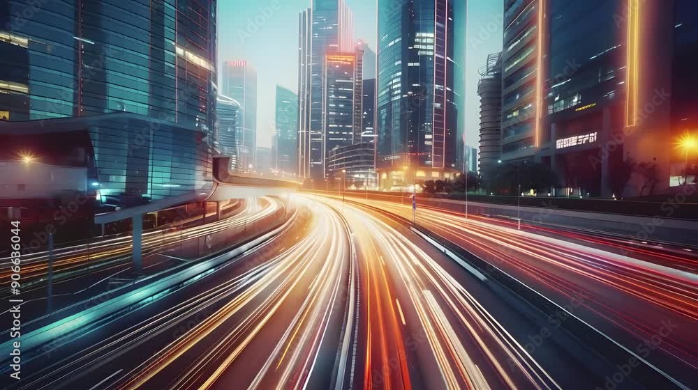 Traffic flow on evening highway in city with modern buildings. Traffic flow on evening highway in city with modern buildings.