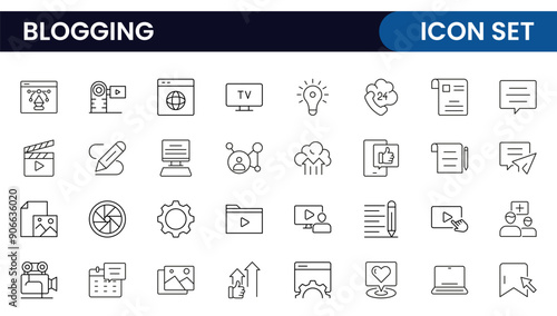 Blogging banner with icons. Post, social media, community, content, website, sharing, create, opinion. Business concept. Web vector infographic in outline icon style.