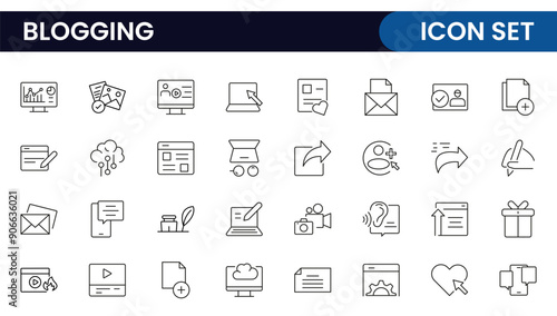 Blogging banner with icons. Post, social media, community, content, website, sharing, create, opinion. Business concept. Web vector infographic in outline icon style.