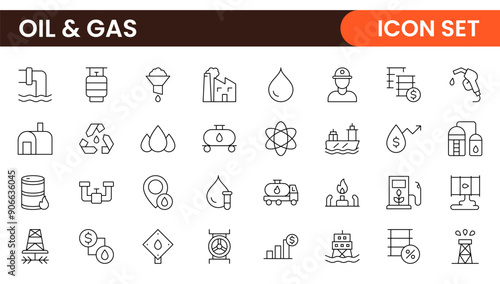 Set of Oil Gas Industry Line Icons. Contains such Icons as Gas Station, Oil Factories, Transportation, and more. line icon set.