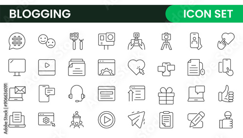 Blogging banner with icons. Post, social media, community, content, website, sharing, create, opinion. Business concept. Web vector infographic in outline icon style.