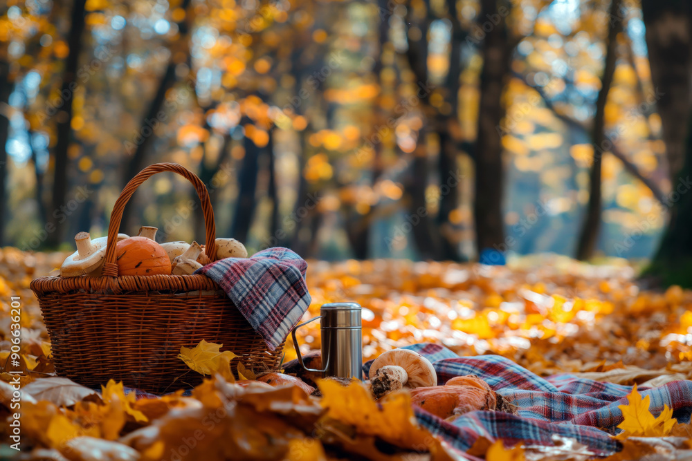 Autumn scene with colorful fallen leaves, a basket overflowing with edible mushrooms, and a thermos of hot tea on a blanket spread out in the forest. Autumn scene with colorful fallen leaves, a basket overflowing with edible mushrooms, and a thermos of hot tea on a blanket spread out in the forest.