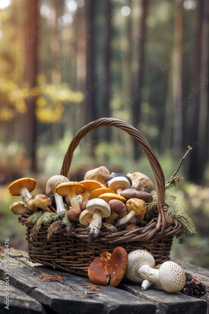 Basket filled with a variety of freshly picked edible mushrooms, placed on a rustic wooden table with a forest background. Basket filled with a variety of freshly picked edible mushrooms, placed on a rustic wooden table with a forest background.