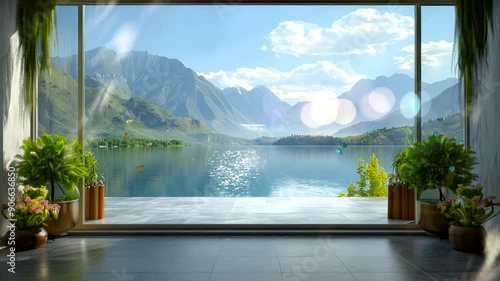 Tranquil view of mountain lake through large window.