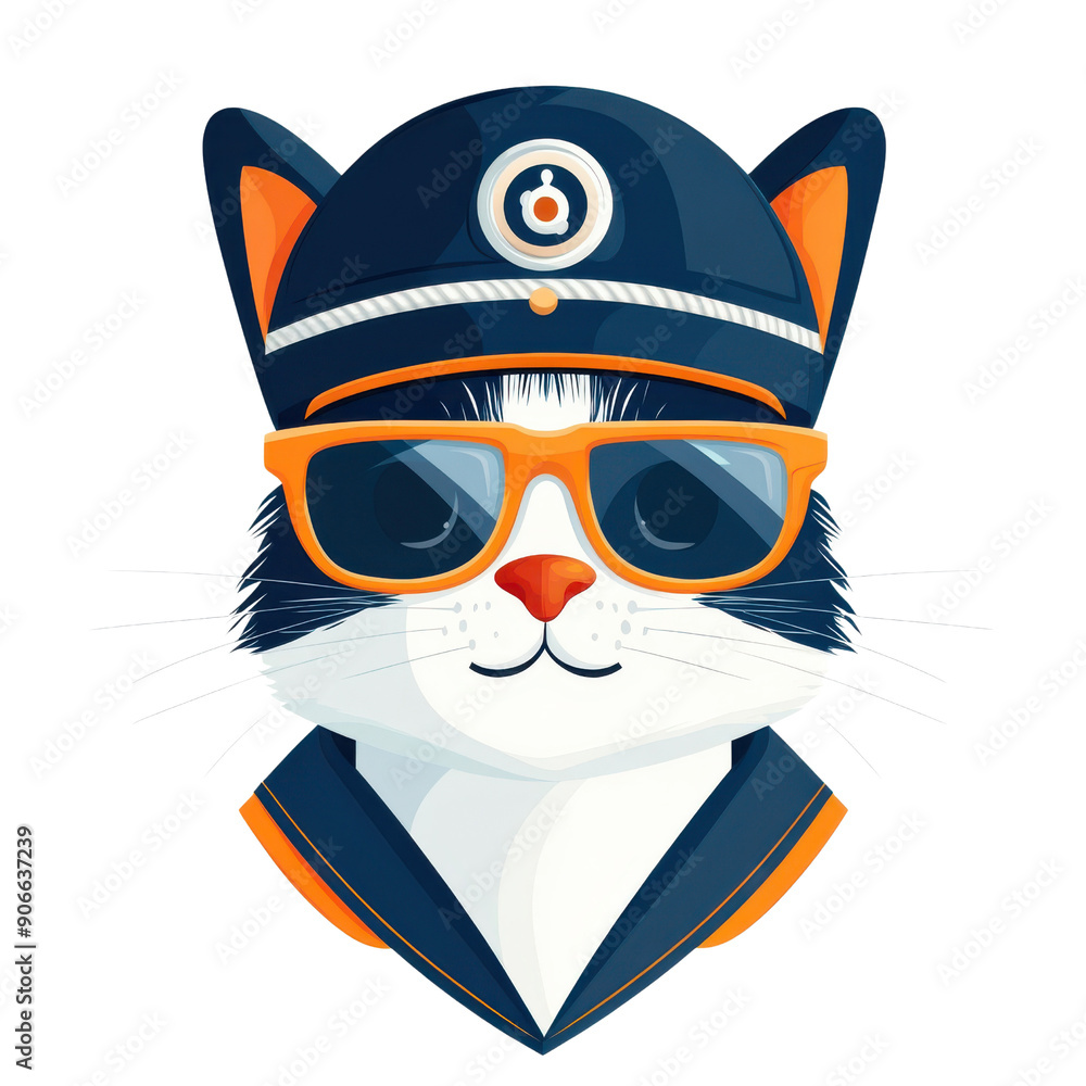 Fototapeta premium A cat wearing sunglasses and a hat with a logo on it
