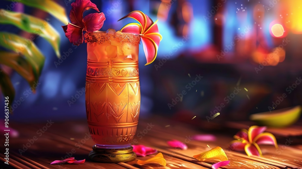 Fototapeta premium Tropical Cocktail with Hibiscus Flower Garnish
