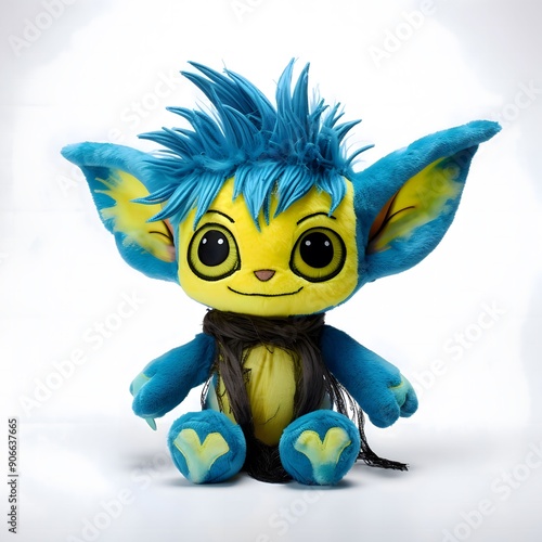 Cute Blue and Yellow Furry Creature Plush Toy photo