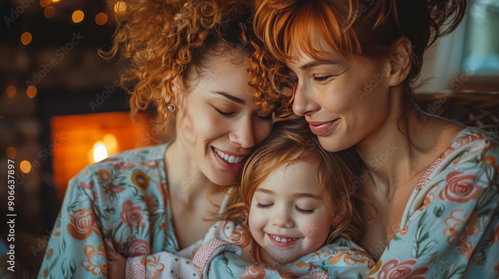 Happy multiethnic lesbian family. Two Mothers hugging their young daughter at home. Adopted child. Happy childhood. LGBTQ+ family. Mothers cuddling with their kid on a cozy couch