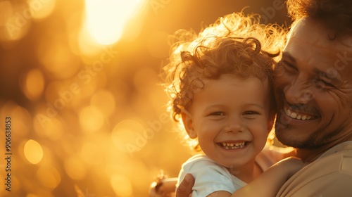 A joyful father and son share a warm embrace during sunset, radiating love and happiness in a golden-lit background.