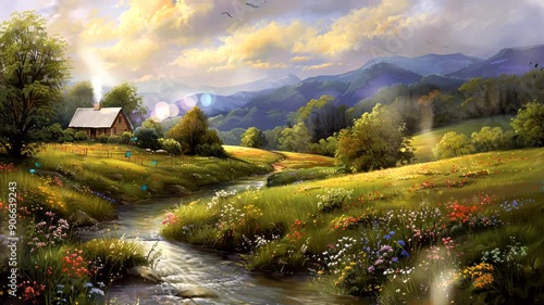 Tranquil cabin in a mountain valley with a flowing stream.