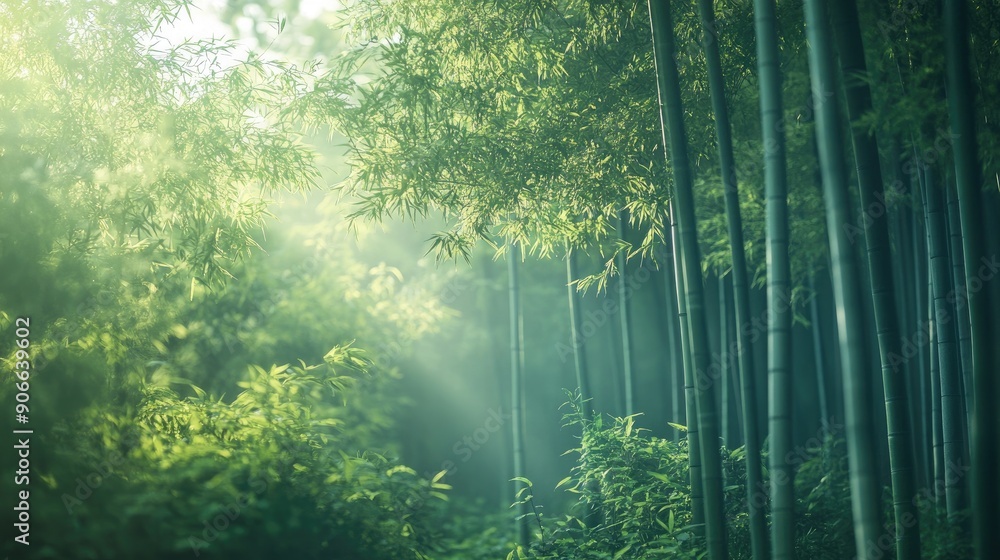 Obraz premium Serene Kyoto bamboo forest with ample space for text overlay.