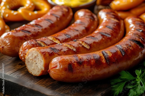 Delicious grilled sausages served with pretzels and mustard, perfect for an Oktoberfest feast