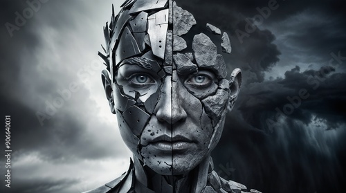 Futuristic Android Concept Art Featuring a Character Depicted with Cracked Skin Texture
