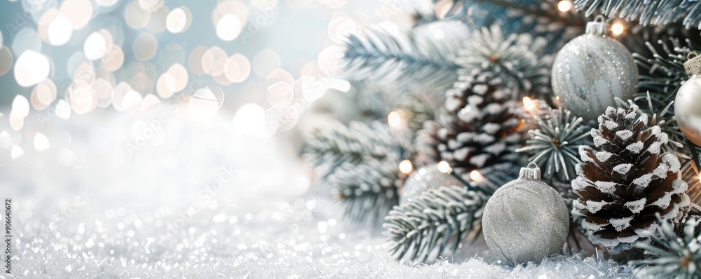 decorated christmas fir branches in snow. decorated christmas fir branches in snow.
