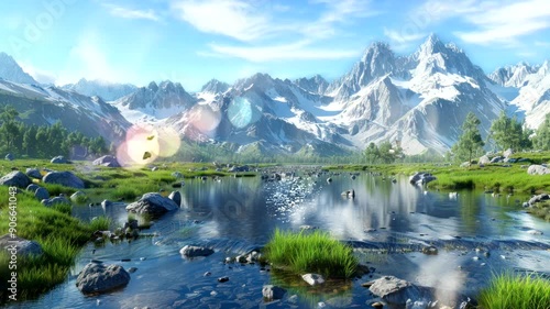 Tranquil mountain lake scene with crystal clear water.