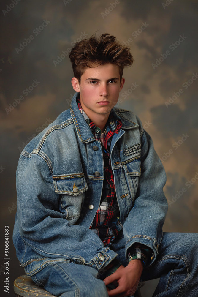 90s-style yearbook photo of a young man wearing a jeans jacket 90s-style yearbook photo of a young man wearing a jeans jacket