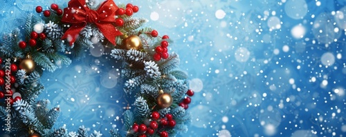 Christmas wreath on blue background with space for text.