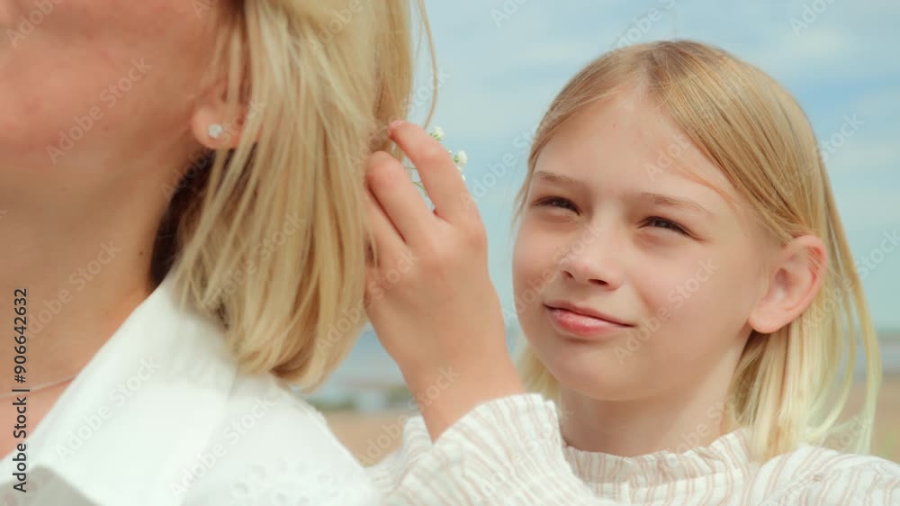 Mother and daughter sitting on picnic blanket on windy beach on weekend. Blonde woman and girl enjoy together leisure and have fun, chatting and laughing. Daughter pins up mother hair and adds flowers Mother and daughter sitting on picnic blanket on windy beach on weekend. Blonde woman and girl enjoy together leisure and have fun, chatting and laughing. Daughter pins up mother hair and adds flowers