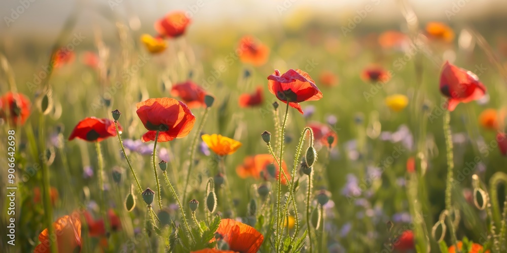 Obraz premium A vibrant field of red poppies and other colorful flowers bathed in warm sunlight, capturing the beauty of nature.