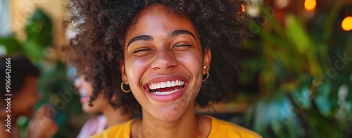 A realistic photo of a person laughing with friends, capturing moments of pure joy and contentment