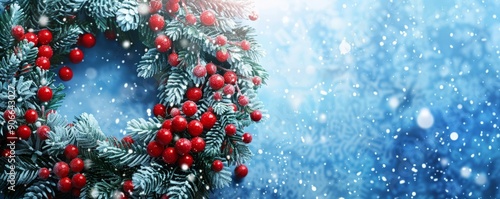 Christmas wreath on blue background with space for text.