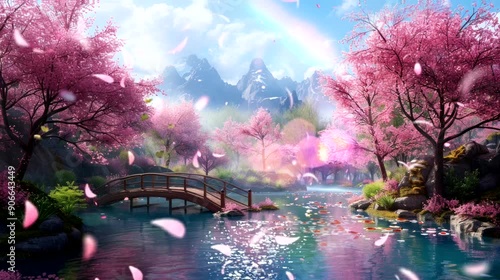 Tranquil pond surrounded by blooming pink trees, bridge, and snow-capped mountains.